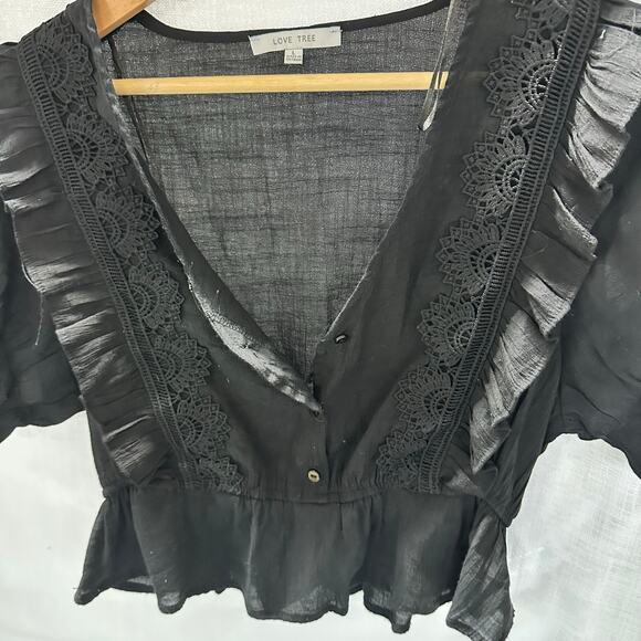 Black Puff Sleeve Embroidered Cropped Top With Ruffles by Love Tree - Picture 3 of 5